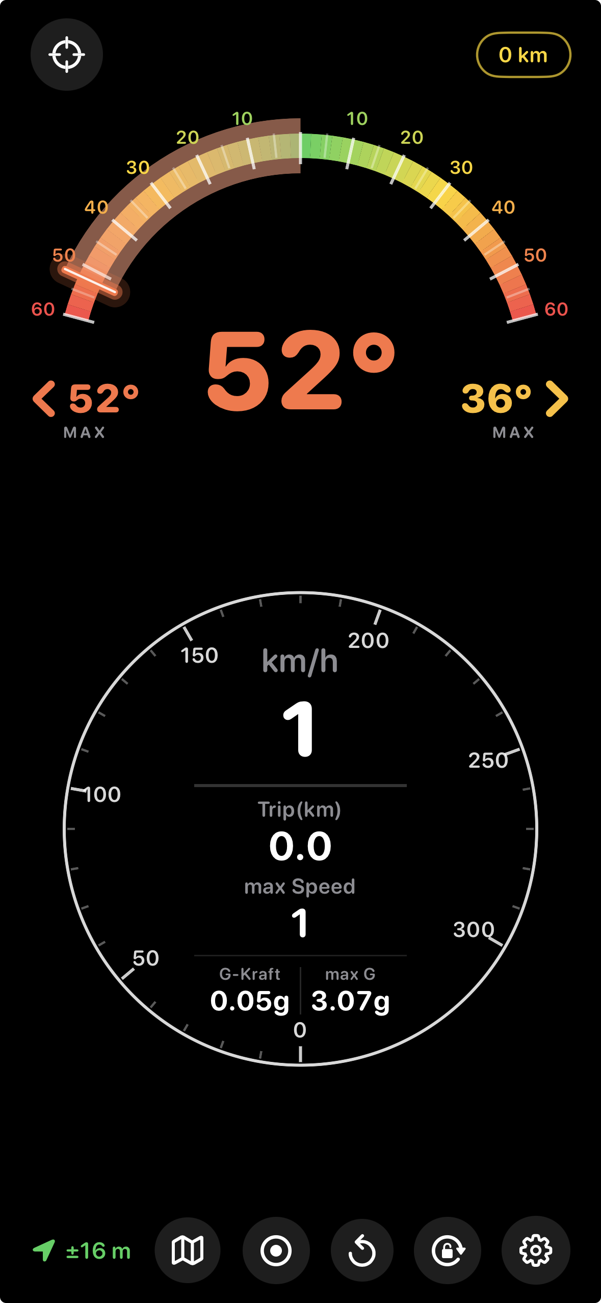 Lean Angle Dashboard: Schräglagenbogen bei 0° und Tacho bei 0 km/h