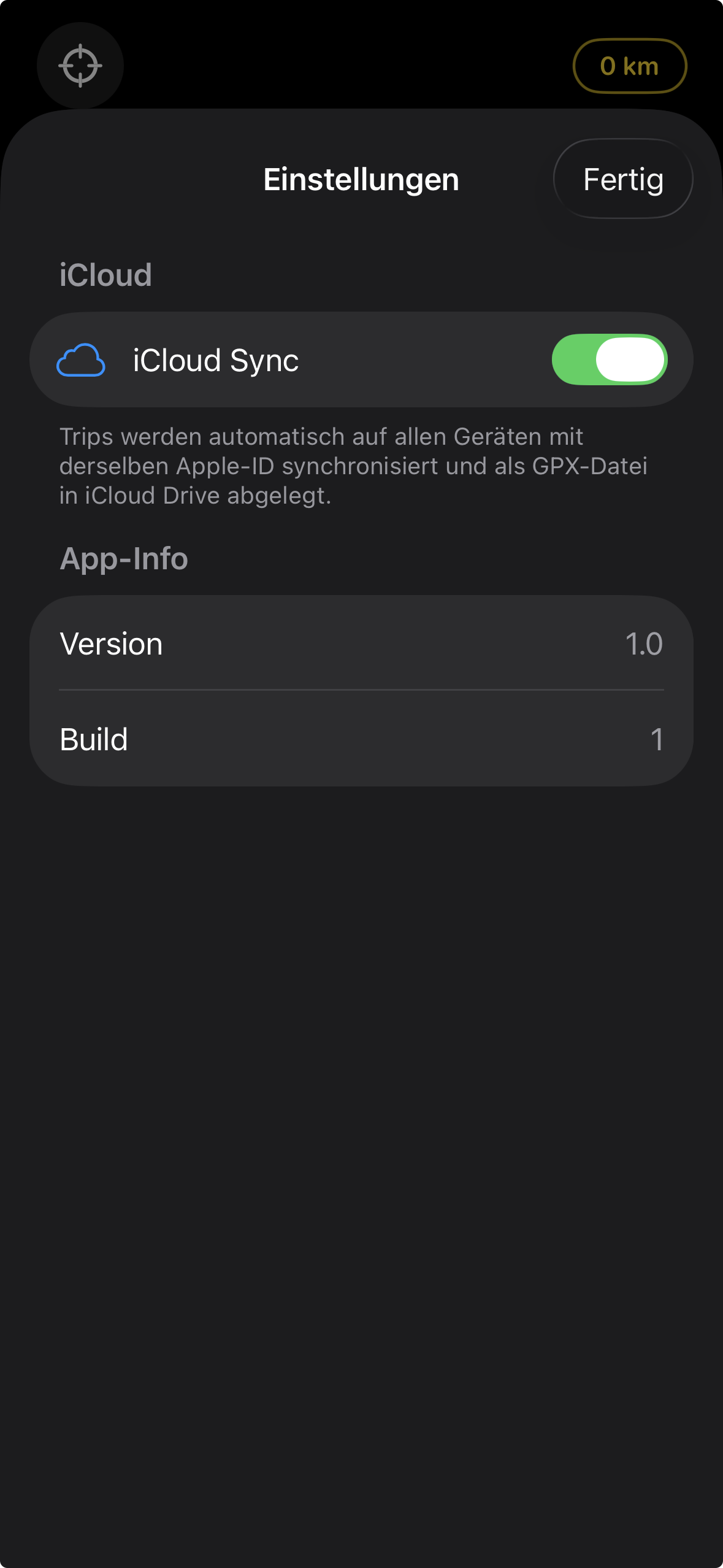 Einstellungen von Lean Angle mit dem Schalter für iCloud Sync und der Anzeige von Version und Build