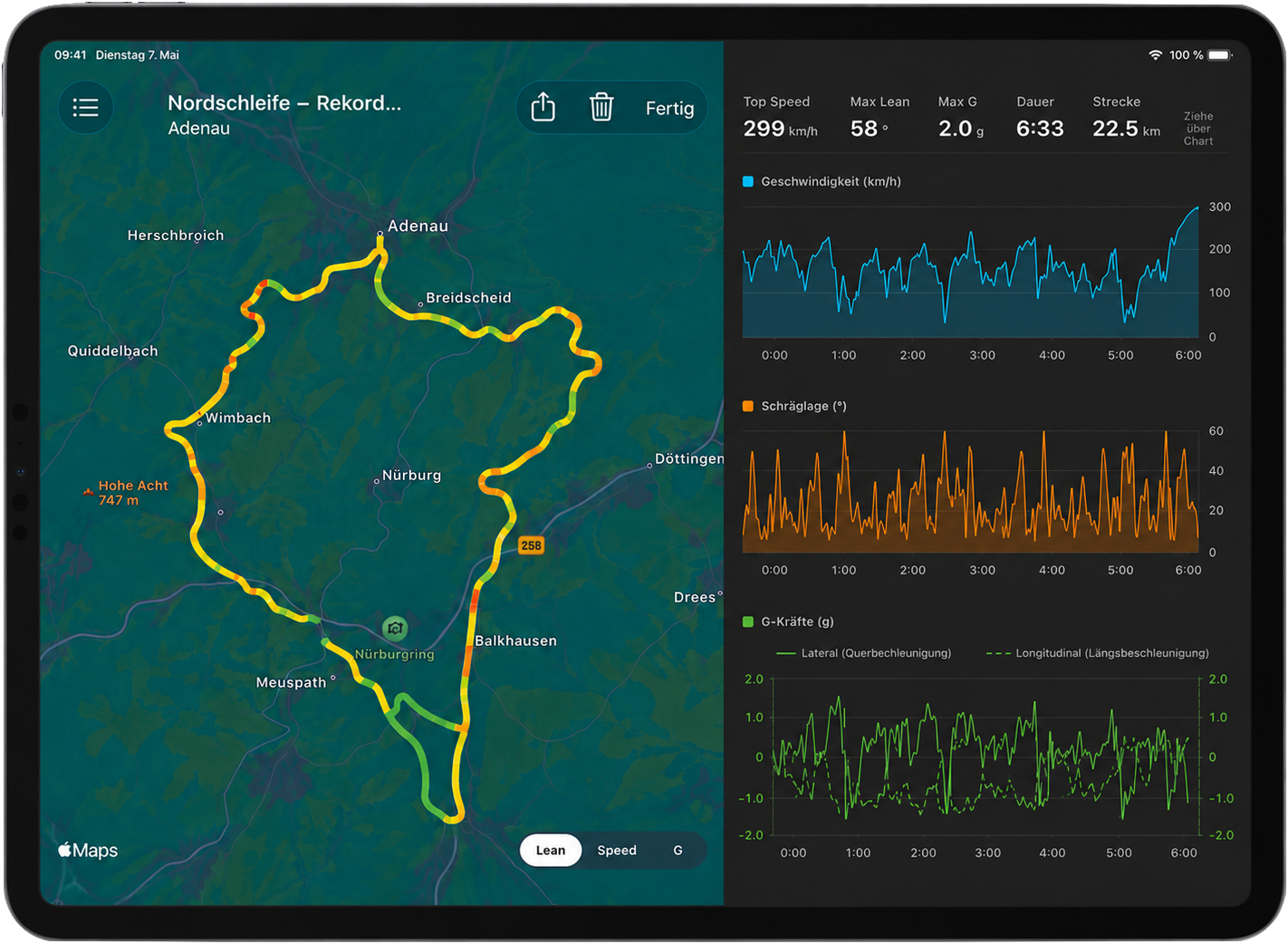 Lean Angle auf dem iPad im Querformat: links die Route auf Apple Maps, eingefärbt nach Schräglage, rechts die Diagramme für Geschwindigkeit, Schräglage und G-Kräfte